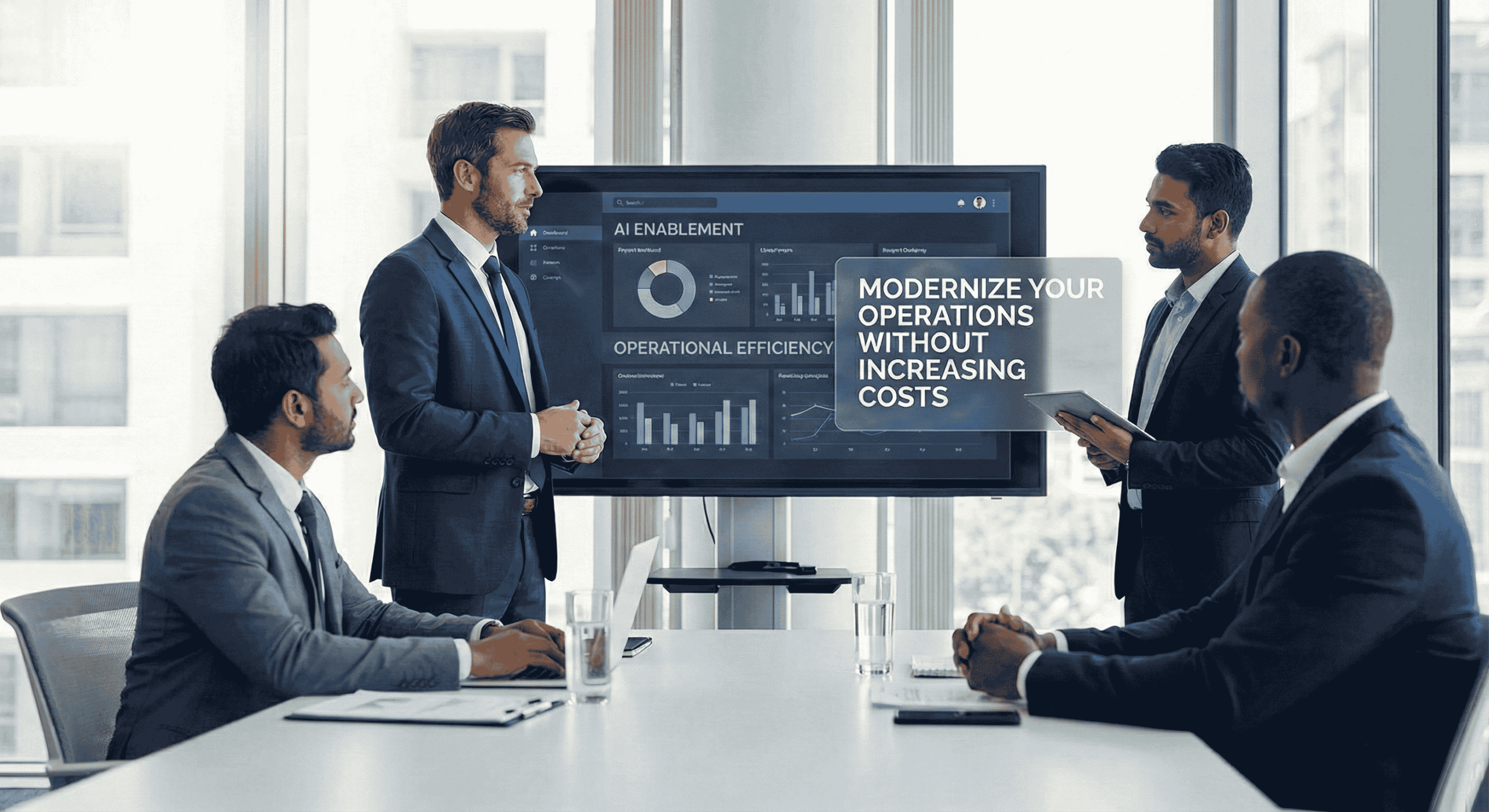 A professional business meeting in a modern conference room featuring a diverse all-male team, including Indian professionals. The group is engaged in a strategic discussion while looking at a large presentation screen displaying data charts and the headline "Modernize Your Operations Without Increasing Costs" under an "AI Enablement" title.