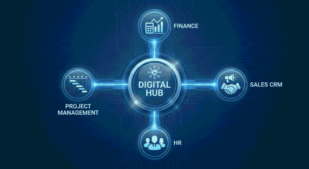 A sleek, modern diagram featuring a glowing central button labeled "Digital Hub." Four distinct spokes radiate outward from the center to connect with specific business function icons: a calculator and chart representing Finance, a handshake and megaphone for Sales CRM, a group of silhouettes for HR, and a Gantt chart timeline for Project Management. The background is a dark, tech-inspired blue with circuit board patterns.