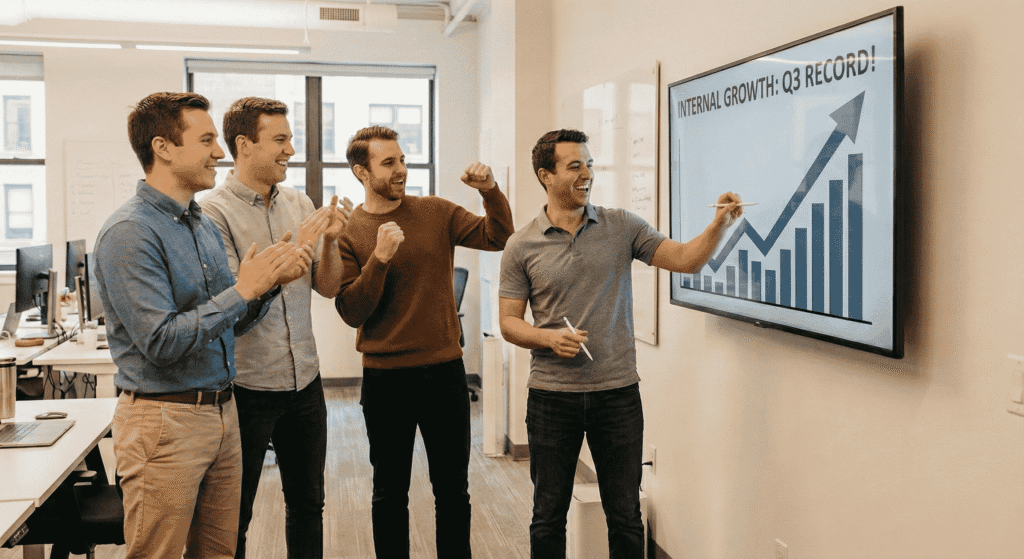 An enthusiastic team of men in a modern office celebrating business success. One man stands by a large wall monitor pointing at a steep upward growth chart labeled "INTERNAL GROWTH: Q3 RECORD!" while holding a digital stylus, as his three male colleagues cheer, clap, and pump their fists in excitement.