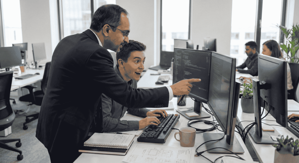 A close-up, over-the-shoulder shot in a modern office showing a professional mentor in a suit standing and pointing at a specific detail on a computer screen. He is guiding a young male employee seated at the workstation who looks at the monitor with a wide smile of realization and understanding, capturing a genuine "Aha!" moment while working.